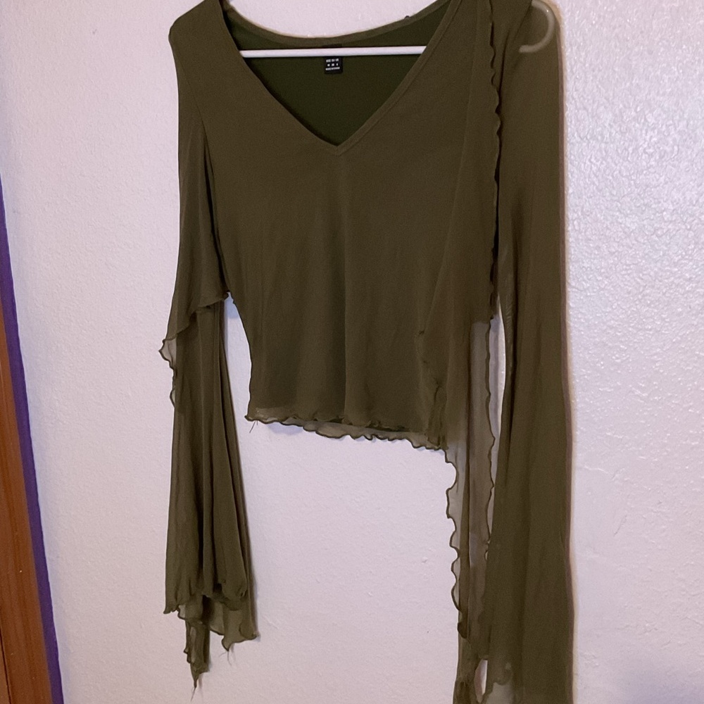 SHEIN Green Asymmetrical Ruffled Bell Sleeve Blouse